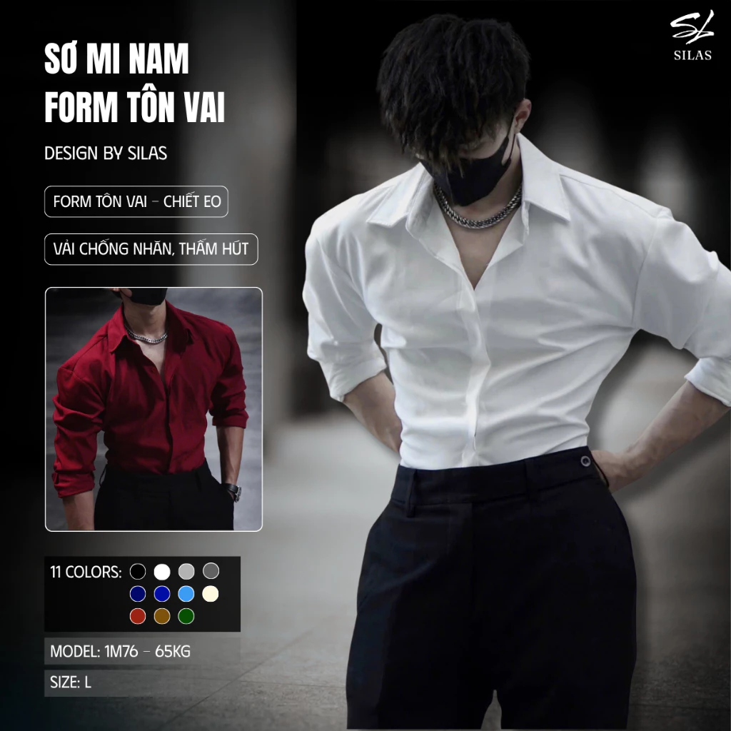 (Form Tôn Vai) Áo Sơ Mi SILAS Trơn Cotton Chéo Nam Giấu Cúc Thoáng Mát - ASL1
