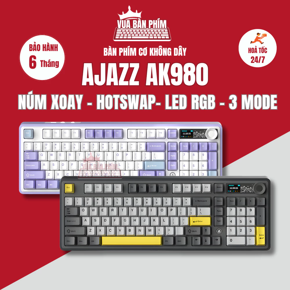 Bàn phím cơ Ajazz Ak980 Pro không dây 3 mode, fullsize , màn hình tft , mạch xuôi,  led rgb, pin 10000mah , hostswap