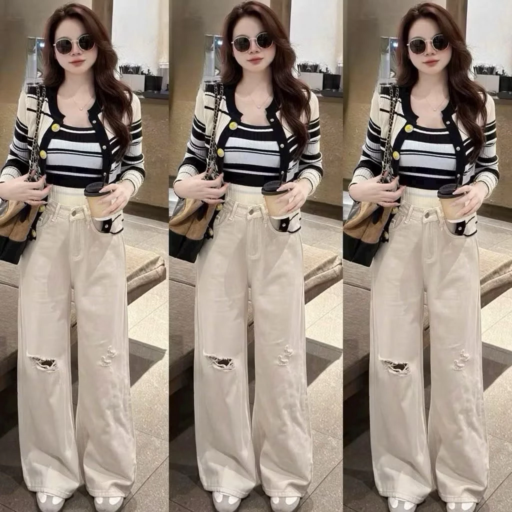 (S-XL) Quần bò ống suông trắng rách lưng cao phom chuẩn Hàn Quốc chất jeans quảng châu