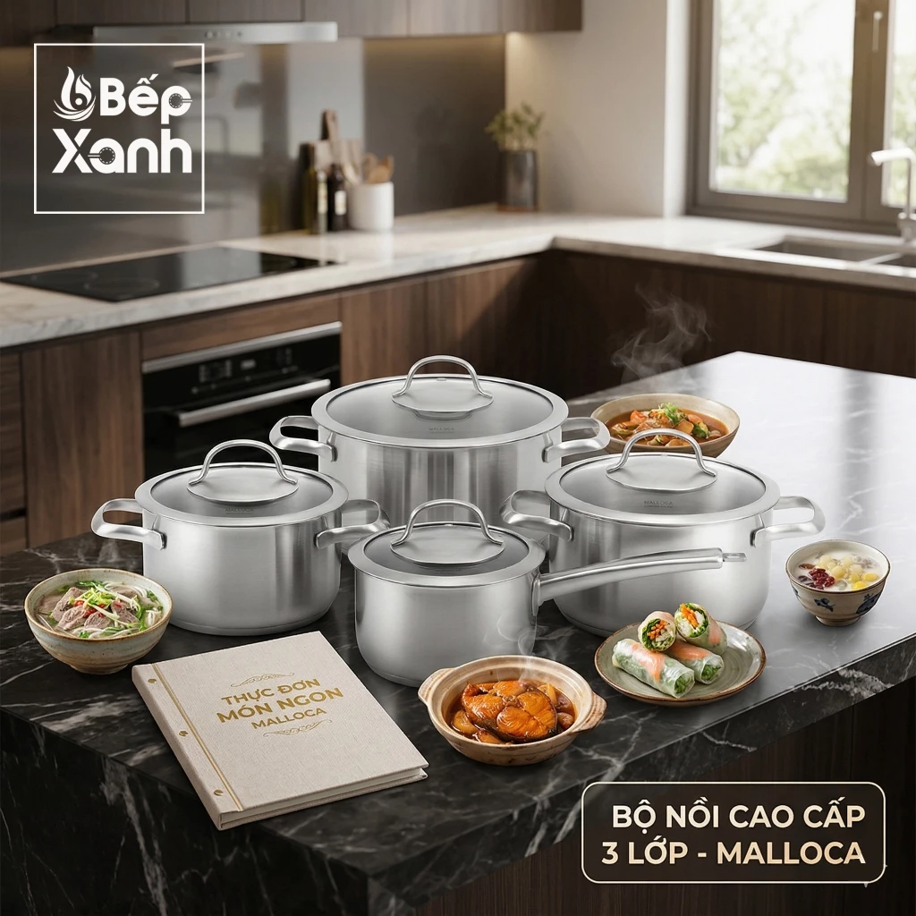 SA-4002 | Bộ nồi inox 3 lớp Malloca SA-4002 - 8 món cao cấp dùng cho mọi loại bếp (Bếp từ, hồng ngoại) - Sáng bóng