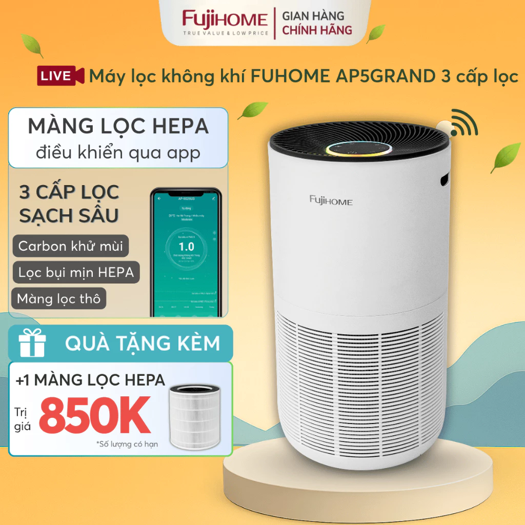 Máy lọc không khí thông minh WiFi HEPA H13 Nhập Khẩu FUJIHOME AP5GRAND, máy lọc bụi mịn cao cấp