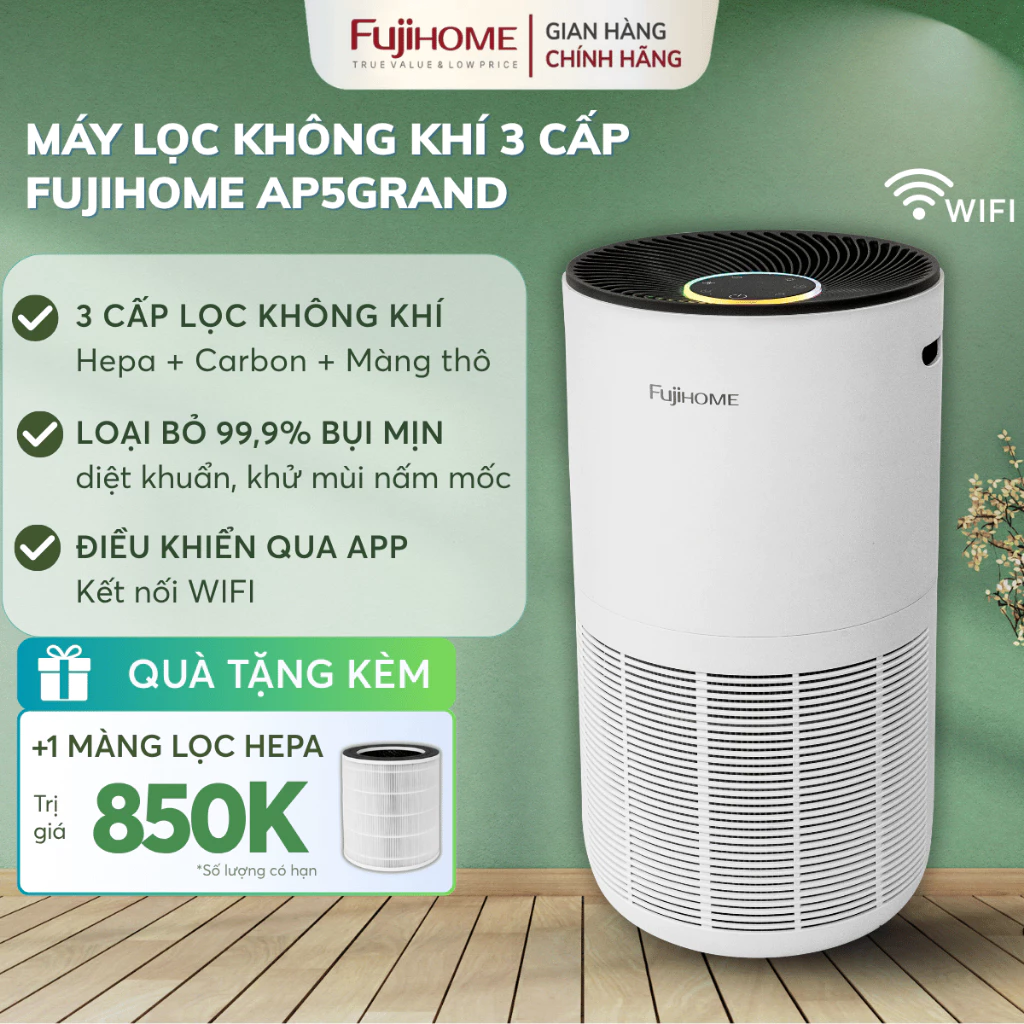 Máy lọc không khí thông minh HEPA Nhập Khẩu FUJIHOME AP5GRAND, máy lọc bụi mịn diệt khuẩn khử mùi