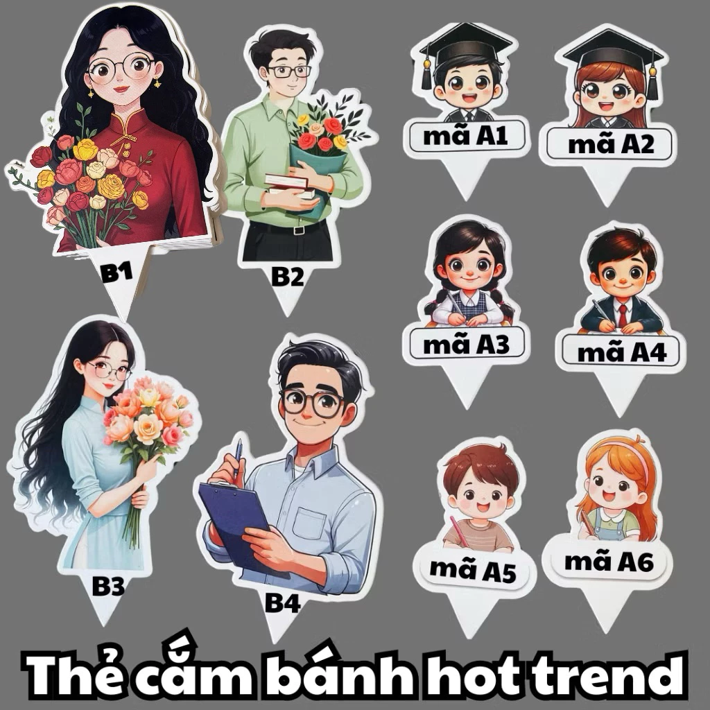 Thẻ cắm bánh kem chibi Thầy cô - học sinh hottrend ( tặng 1 thẻ thầy + cô cho combo 50c)