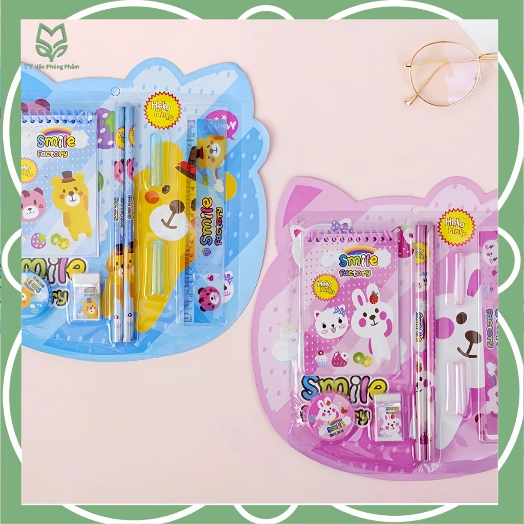 Bộ dụng cụ học tập 8 món bút các loại, sổ ghi chép, gôm tẩy, thước, gọt xoáy bút chì