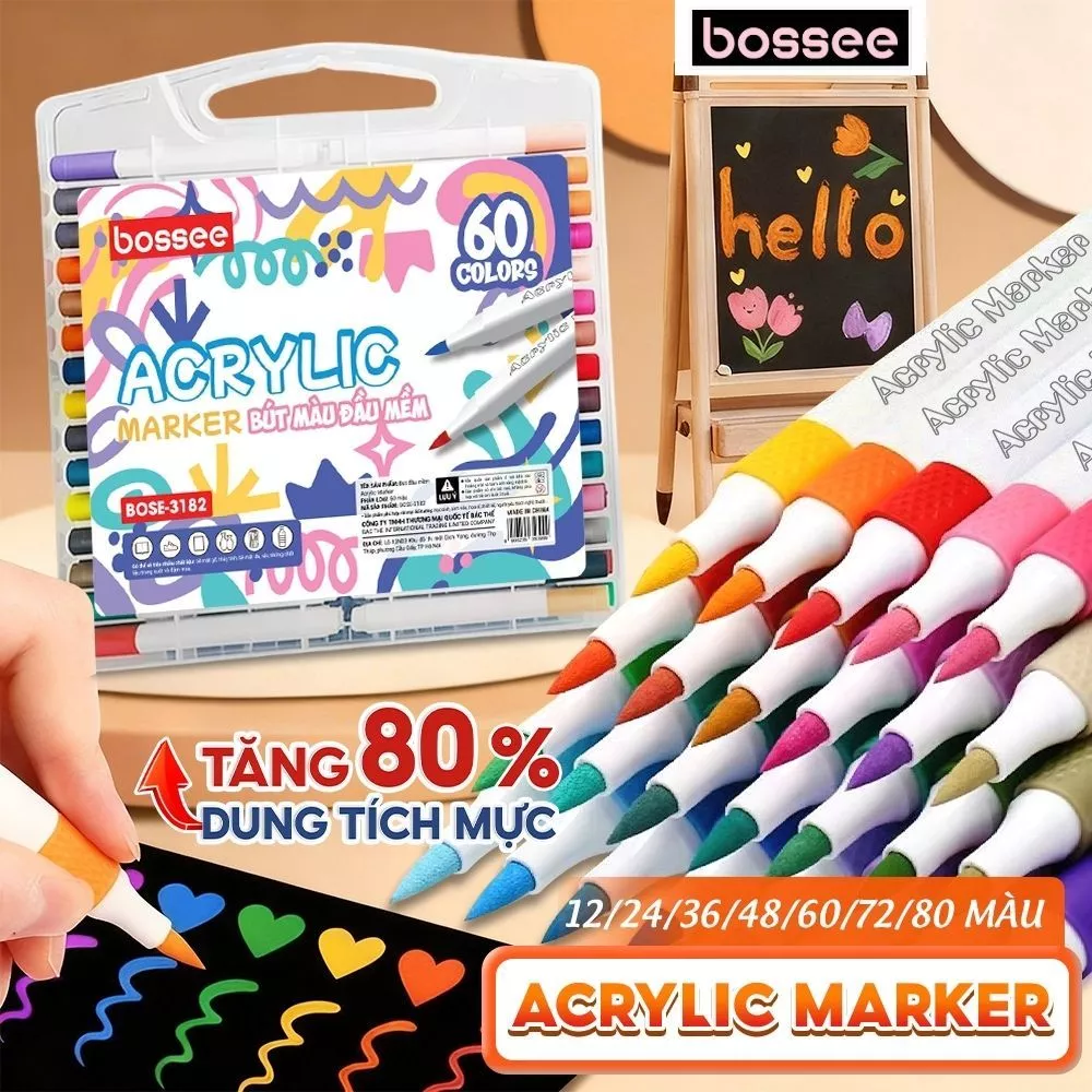 Bút Màu Acrylic Marker Đầu Lông Mềm Vẽ Trên Mọi Vật Liệu Hộp 12/24/36/48/60/72/80 Màu Tươi Sáng Bossee Họa Cụ Học Sinh