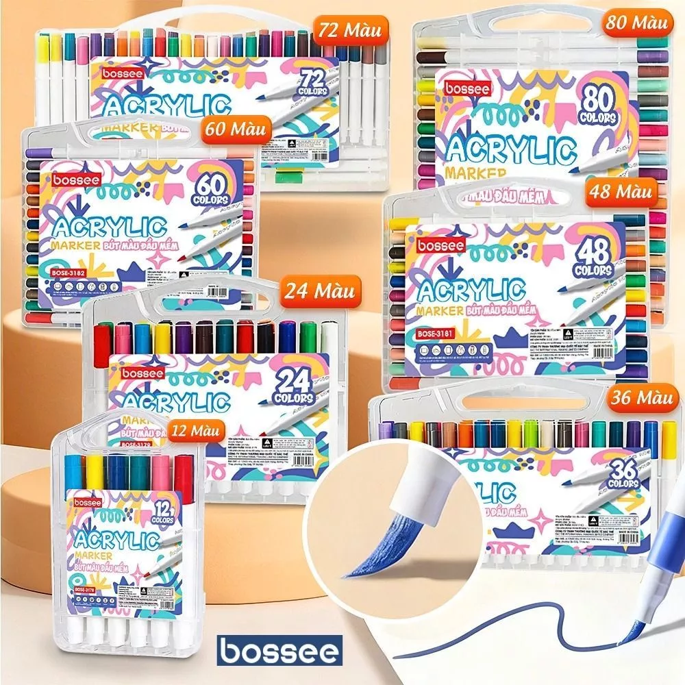 Bộ 24/36/48/60/72/80 bút màu acrylic marker đầu mềm Bossee phiên bản mới Tăng 80% dung tích mực, họa cụ vẽ mọi chất liệu