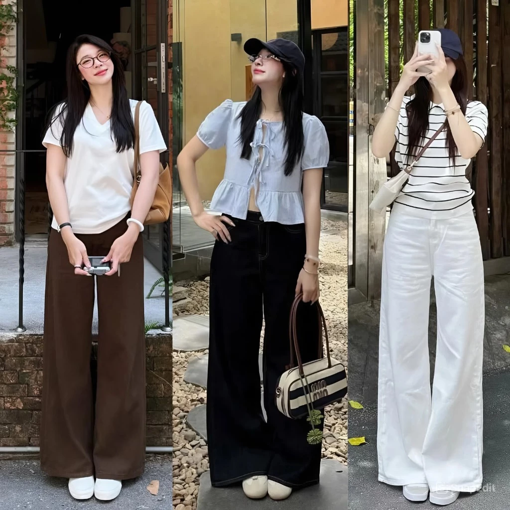 Quần Jean Nữ MIAA ống suông Rộng màu nâu choco cạp cao chất jean mềm không phai đầy đủ size