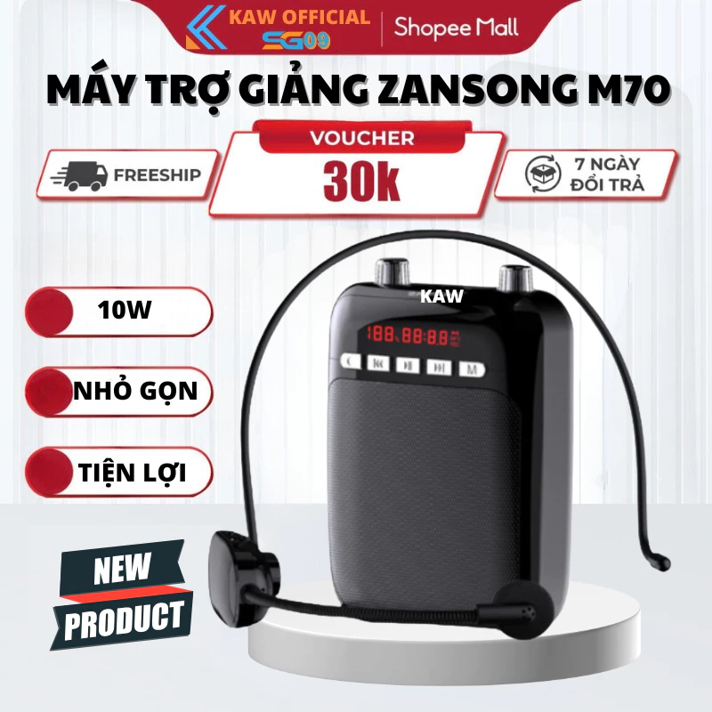 Máy Trợ Giảng Zansong M70 KAW, Kèm Mic Cài Đầu Không Dây, Pin Trâu, Công Suất Lớn , BH 12 THÁNG