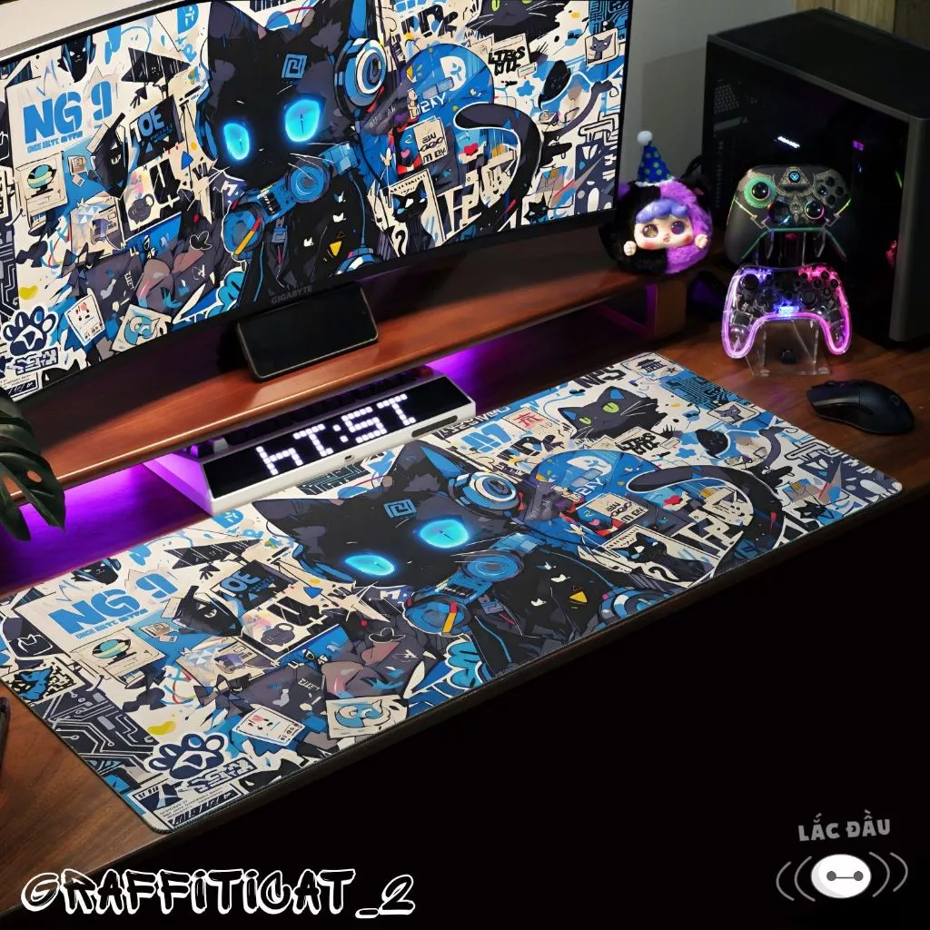 Lót Chuột Cỡ Lớn MÈO GRAFFITI Size 90x40 / 80X30 / 35X30 / 26X21 Chống Trượt, Bền Đẹp