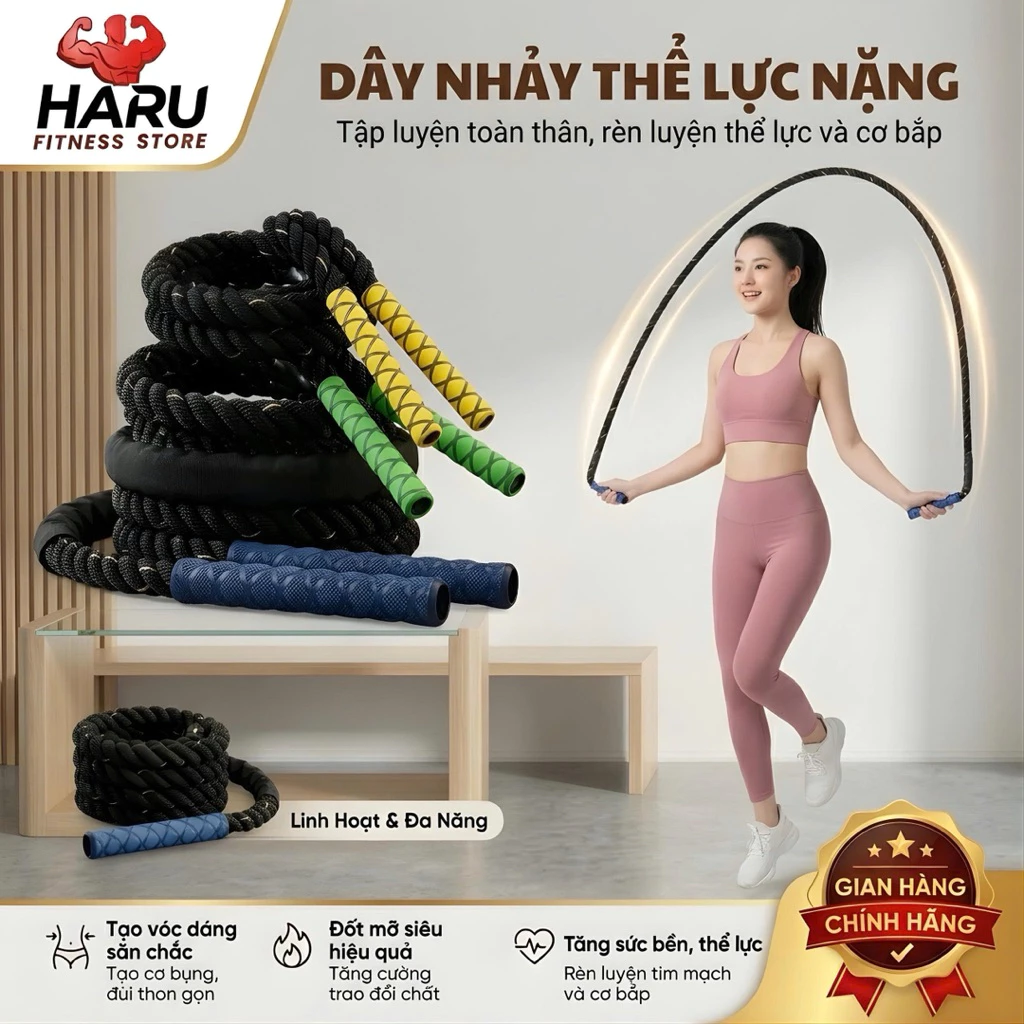 [LỰC ĐẦM CỰC MẠNH] Dây Nhảy Thể Lực HARU 1.2kg - Battle Rope 38mm x 2.8m, Tay Cầm Chống Trượt & Đốt Mỡ Toàn Thân HR85