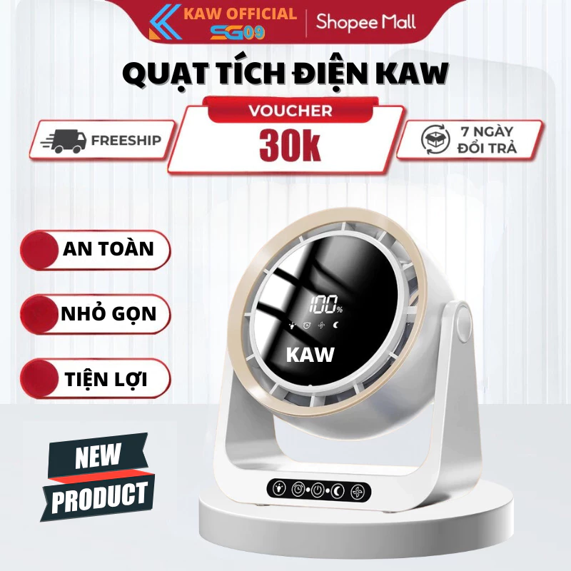 Quạt Tích Điện Mini KAW Xoay 360, Quạt Mini Văn Phòng USB Nhỏ Gọn, Êm Ái, Pin Lâu, BH 12 Tháng