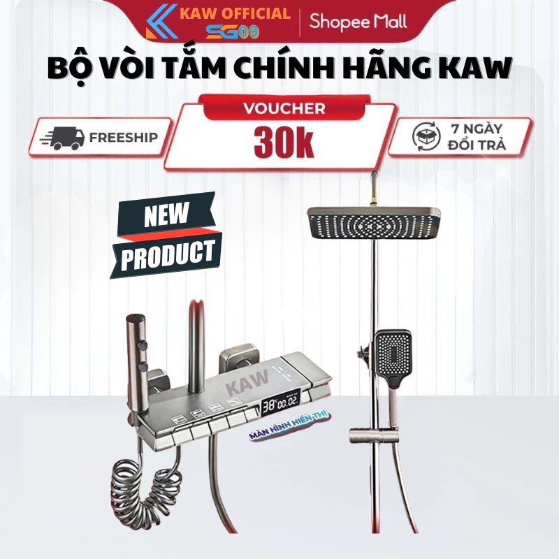 Bộ Sen Cây Tắm Nóng Lạnh KAW 4 Nút Bấm Hiển Thị Nhiệt Độ, Màn Hình LED, Lõi Đồng, BH 12 THÁNG