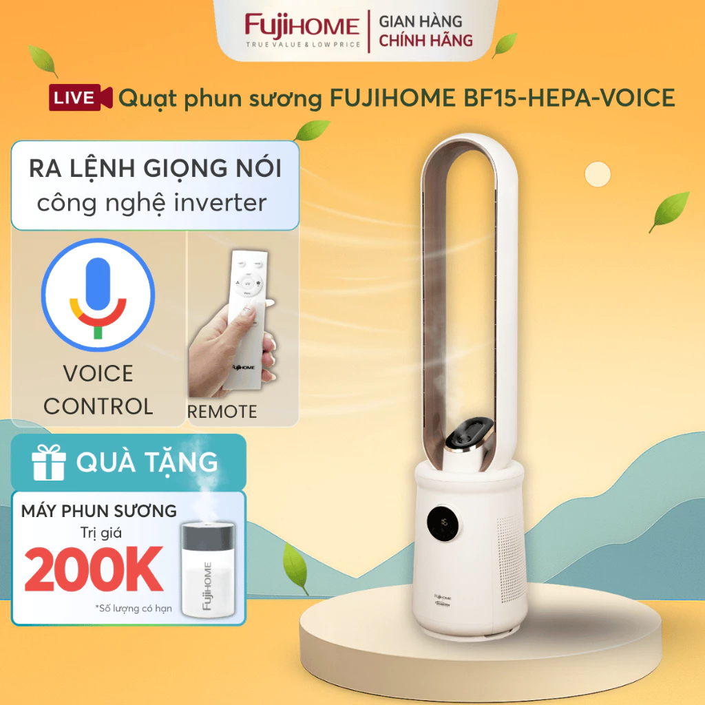 Quạt không cánh lọc không khí HEPA Nhập Khẩu FUJIHOME BF15-HEPA-VOICE cao cấp, điều khiển giọng nói