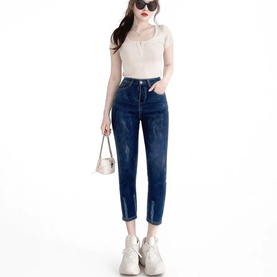 Quần Jeans Nữ 9 Tấc Rách Nhẹ Big Size Lưng Cạp Cao Co Dãn Mạnh 4369 4372 MoliJeans
