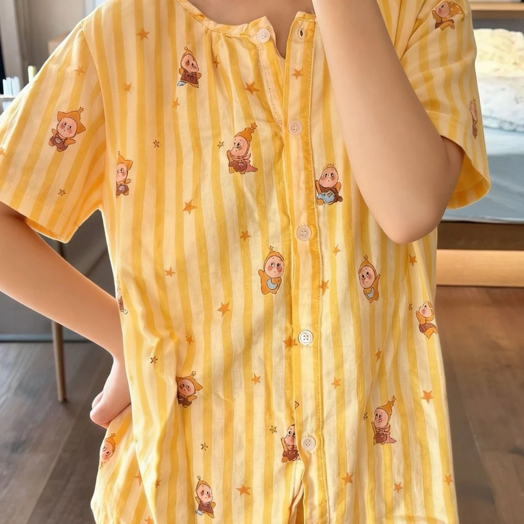 [26143] Bộ đồ ngủ cộc tay pijama twinkle kẻ vàng cho nữ dáng rộng thoải mái mặc ở nhà chất cotton pha đũi mềm mát