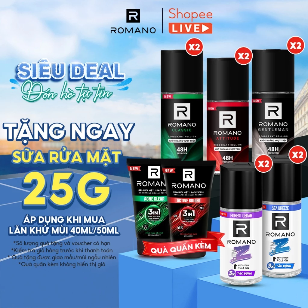 [DEBUT] Combo 2 Lăn khử mùi nam ngăn vệt ố vàng Romano Gen Z / kháng khuẩn & khô thoáng ( 40ml / 50ml / 65ml x 2 ) -