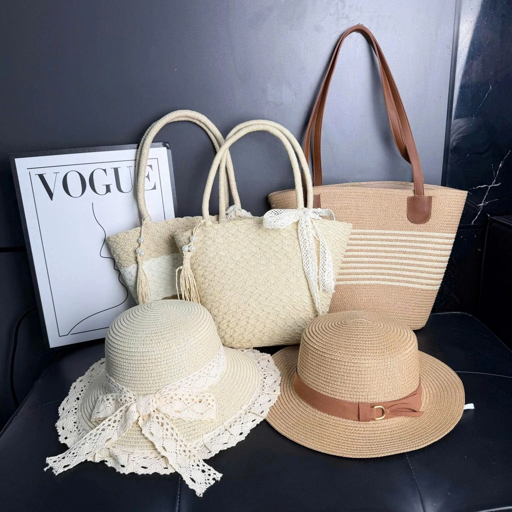 Set túi mũ cói tua rua mix ngọc nơ ren đi biển đi chơi đều xinh TA Store TA Store