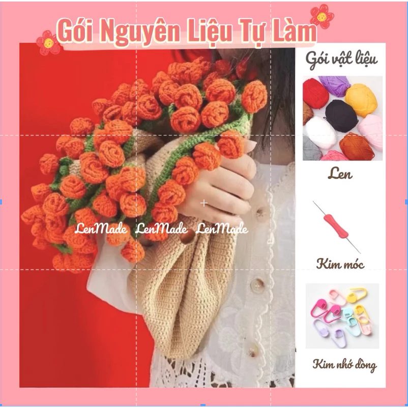 [Sale 50%]  DIY set nguyên liệu tự đan móc BÓ HOA CHĂN bằng len amigurumi có video hướng dẫn chi tiết lenmade Happykid
