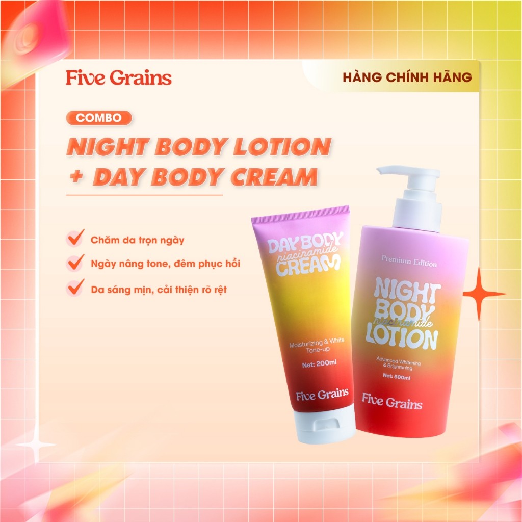 Combo kem dưỡng giúp dưỡng ẩm dưỡng trắng da body ban ngày 200ml và ban đêm 500ml Five Grains Niacinamide, Alpha-Arbutin