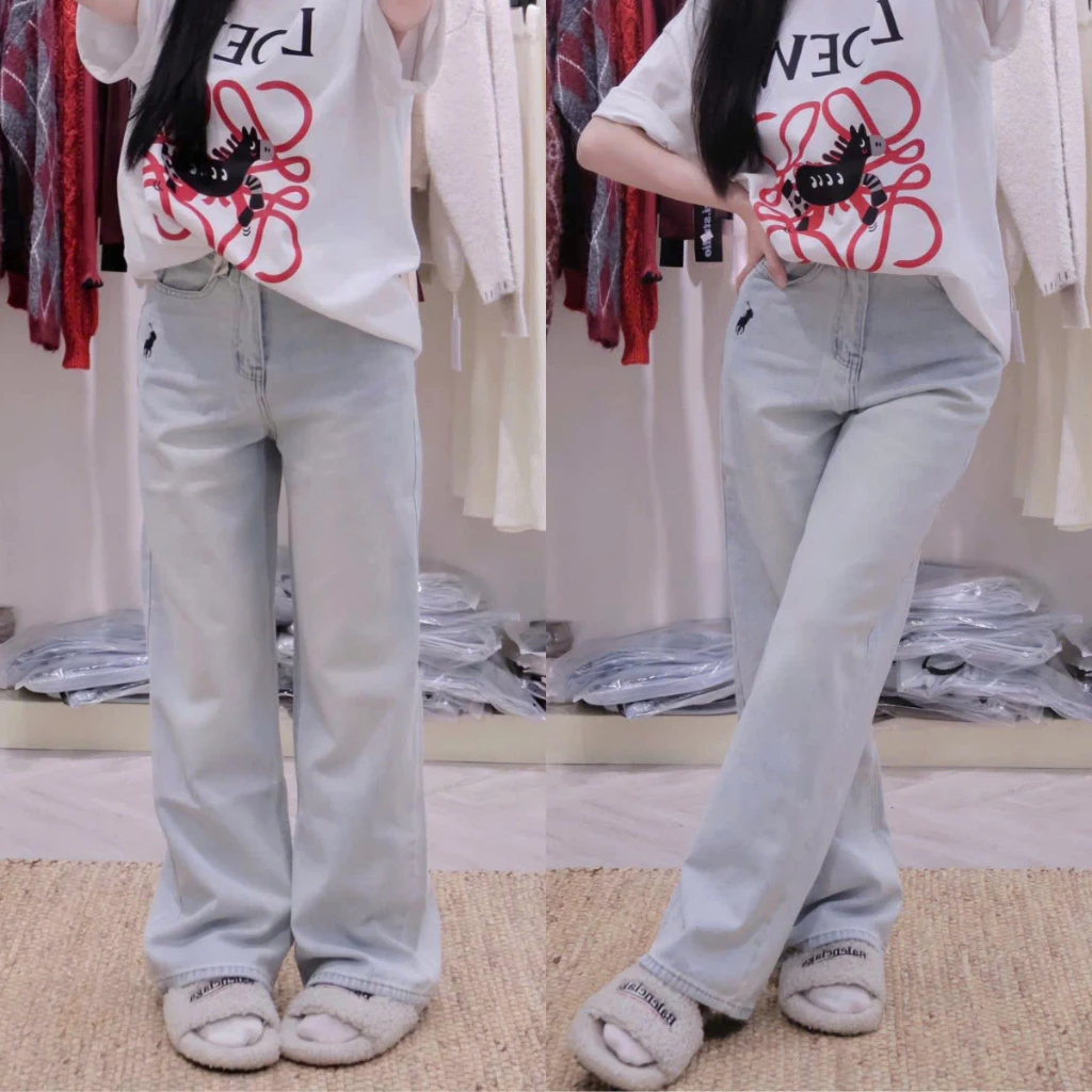 Quần Jean Nữ Ống Suông Thêu Hình Ngựa Lưng Cạp Cao Vải Cotton Mềm Mát Không Co Giãn Q439