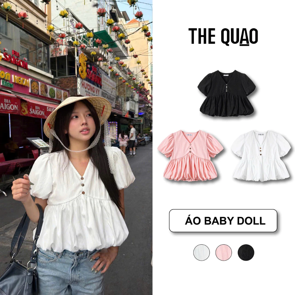 Áo Kiểu Nữ  THE QUAO Dáng Bí Babydoll cổ V 2 lớp tay bồng tiểu thư N0404_749