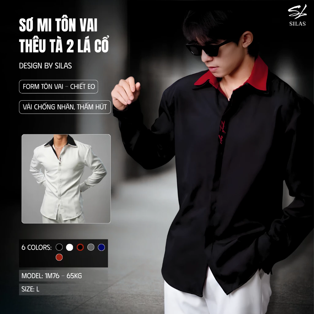 (Form Tôn Vai) Áo Sơ Mi SILAS Ver2 Thêu Tà 2 Lớp Cổ Cotton Form Rộng Tôn Vai Chiết Eo Nam - ASL40