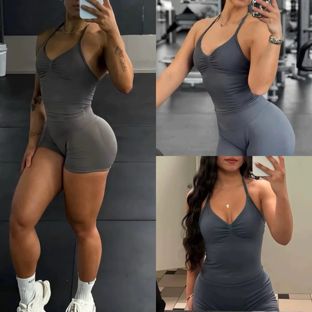 Set đồ gym nữ dáng ôm sexy – Áo 2 dây cổ yếm + quần short nâng mông scrunch butt – Tôn dáng, hack vòng 3 cực đỉnh