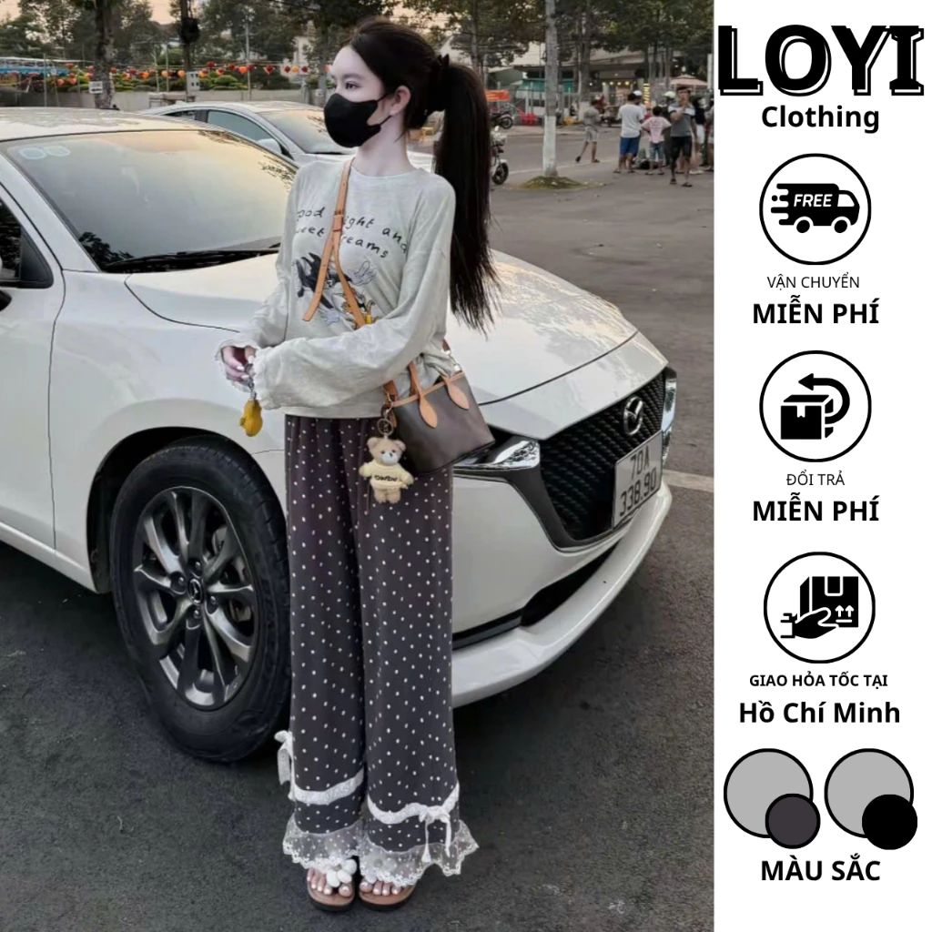 [Hỏa Tốc] Set Đồ Nữ Áo Tay Dài Mỏng + Quần Ống Rộng Chấm Bi Ren – Set Bộ Đồ Nữ Form Rộng Dễ Thương