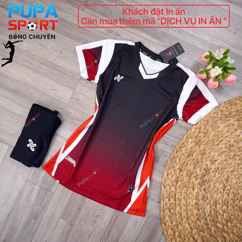 AMAC - [CHÍNH HÃNG-PupaSport] BST Quần Áo Bóng Chuyền CHAMPION - Màu Đen Đỏ Đậm, Bóng Đá Nam Nữ Chính Hãng Amac Nhiều Mẫ