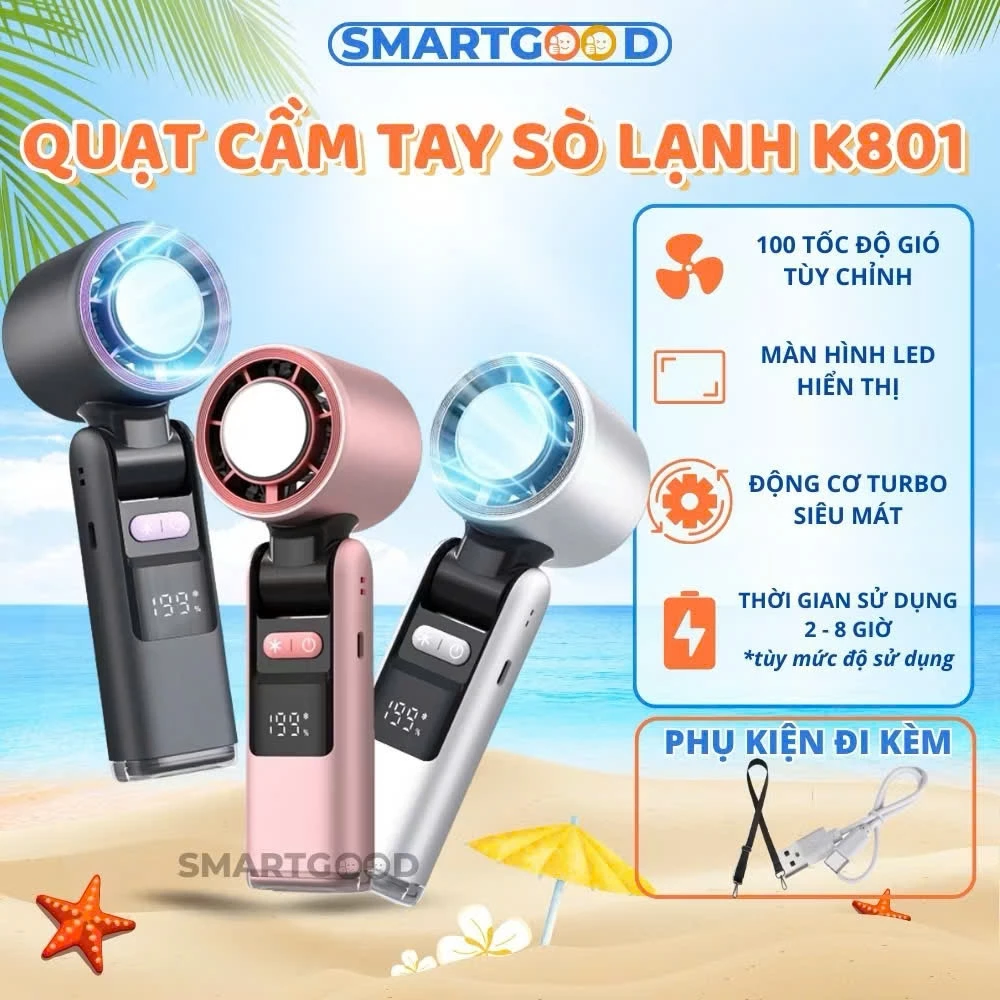 Quạt Tích Điện Mini K801 Cầm Tay Tốc Độ Cao, pin5000mah Quạt Sò Lạnh 100 Cấp Độ Gió Làm Lạnh Cực Nhanh.