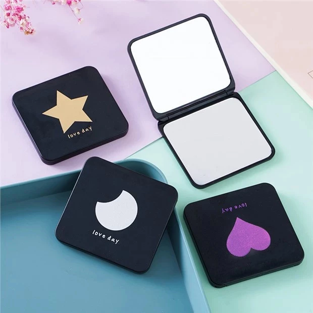 🎀yunqi🎀 Gương trang điểm gấp gọn mini 2 mặt màu đen vỏ nhám 7*6.5cm