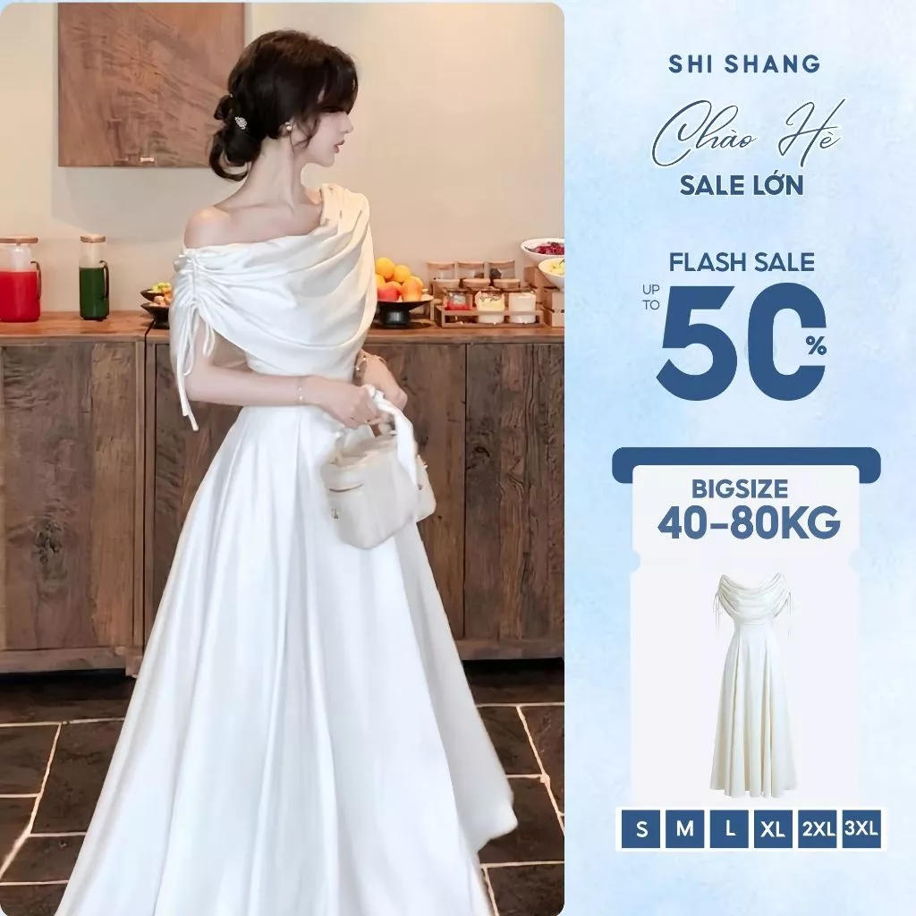 [𝐇𝐚̀𝐧𝐠 𝐐𝐂] Đầm Lụa Dáng Dài Lệch Vai Phong Cách Tiểu Thư, Đầm Dự Tiệc Cao Cấp Dáng Xòe có Bigsize By Shi Shang - SH012
