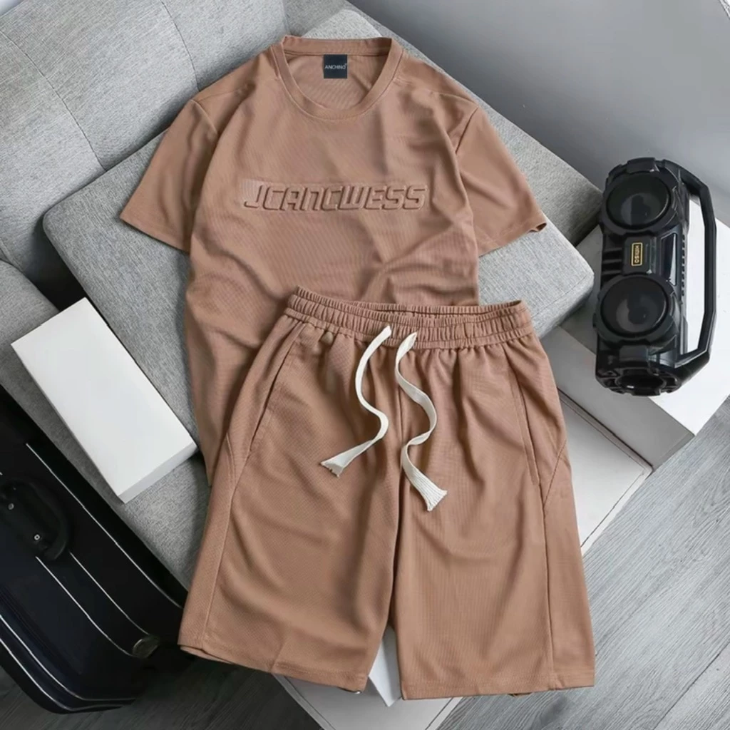 Bộ quần áo nam nữ ANGEL STORE cổ tròn cộc tay vải tổ ong thoáng mát, chữ JCANCWESS dập nổi cao cấp