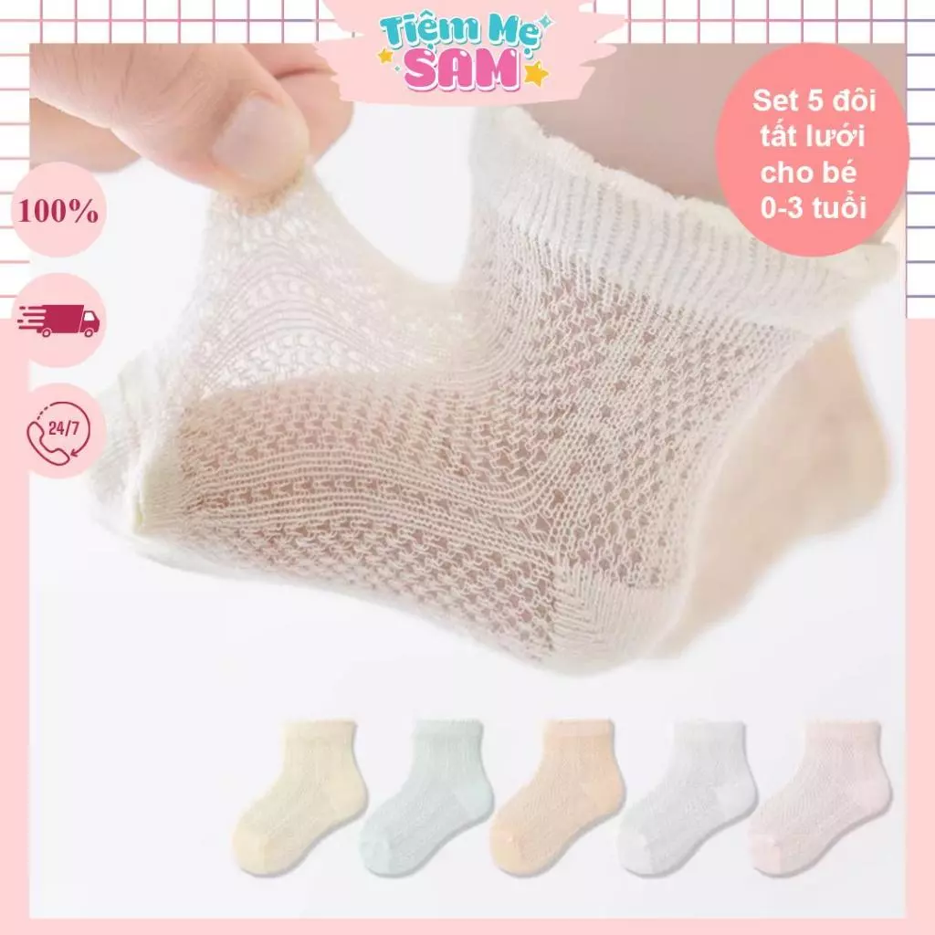 Combo 5 Đôi Tất Lưới Cotton Thoáng Khí Cho Bé Gái 0-3 Tuổi, Tất Màu Trơn Dễ Phối Đồ LUOI02
