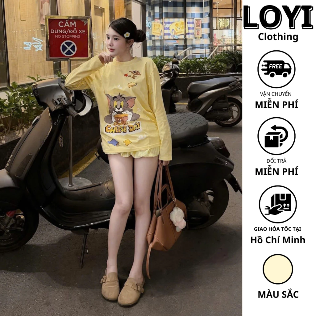 [Hỏa Tốc] Set Đồ Nữ Áo Thun Form Rộng In Mèo + Quần Bí Sọc – Set Bộ Nữ Dễ Thương Mặc Ở Nhà, Đi Chơi