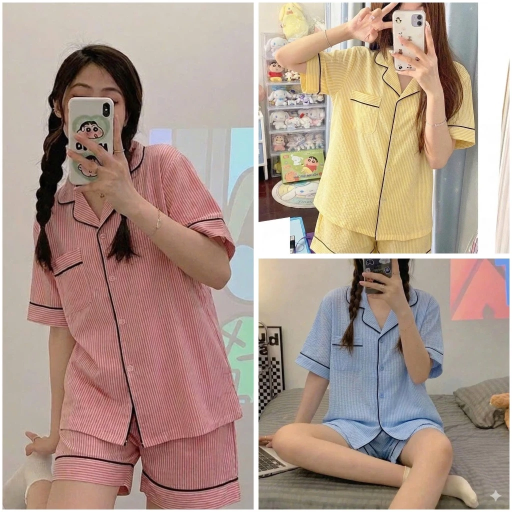 Bộ ngủ kẻ sọc viền cho nữ - Set đồ ngủ quần đùi kèm áo cộc form rộng mặc ở nhà đẹp B66 kẻ