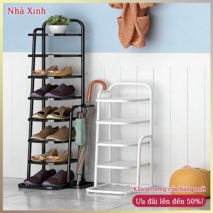 Kệ giày đa tầng đa năng kèm giá đựng ô kim loại dày chống gỉ bền bỉ tiết kiệm không gian