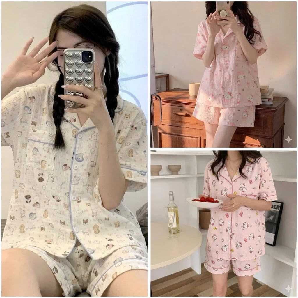Bộ đồ ngủ cộc tay nữ form rộng - Set đồ ngủ mặc ở nhà áo cộc quần đùi phong cách dễ thương B66