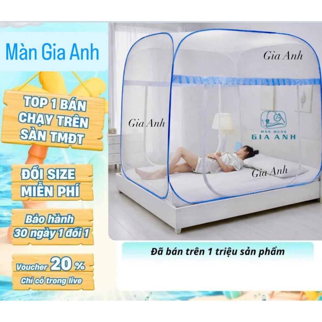[DEAL ĐỘC QUYỀN] Màn Chụp Tự Bung  Đỉnh Vuông Gia Anh LOẠI 1 - Mùng Chống Muỗi Người Lớn Gấp Gọn Cao Cấp Gia Anh Bền Đẹp