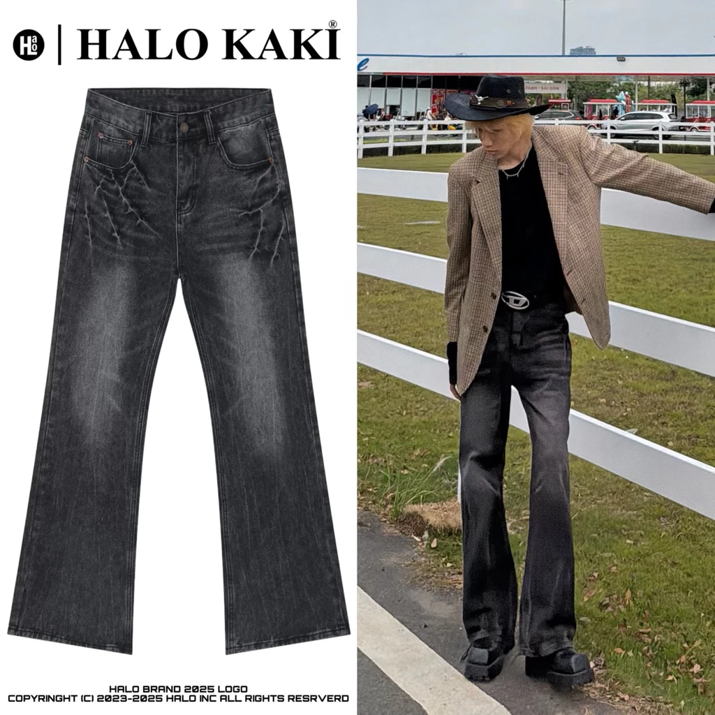 Quần jeans loe khói wash phong cách douying halo kaki unisex nam nữ jeans flare