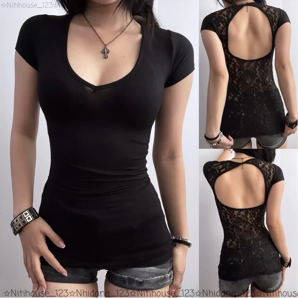 [ALR] Áo Thun Nữ  Thiết Kế Lưng Trong Lưới Đen Phong Cách Thời Trang Y2K