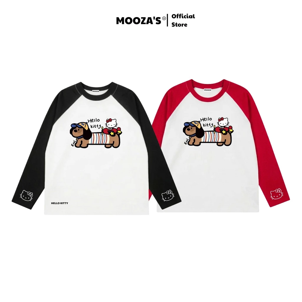 Áo Thun Raglan Tay Dài Hello Kitty x Dachshund Dog Form Boxy Oversize Unisex - Cotton 100% Cực Xịn Premium