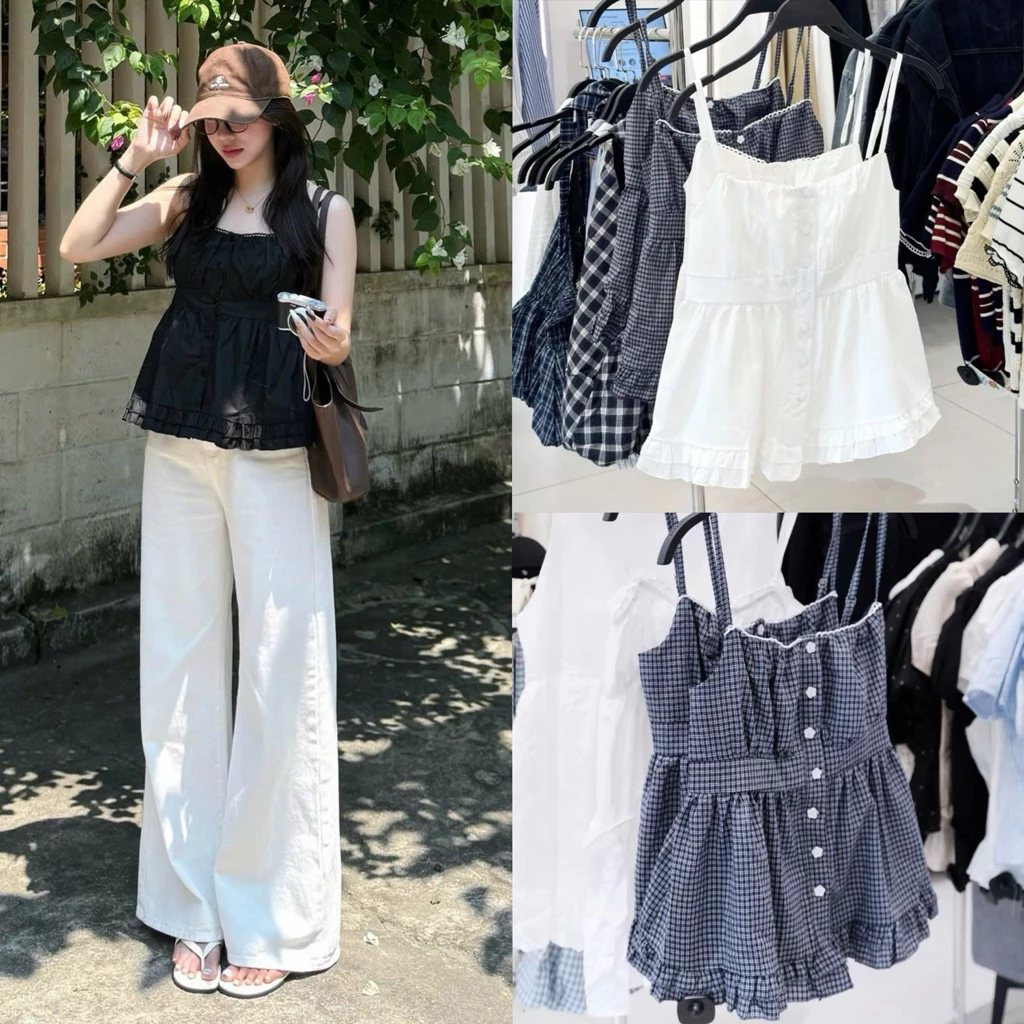 (ẢNH OLDSCHOOL) Áo 2 dây summer bèo kẻ caro nút hoa LILI TOP A1611