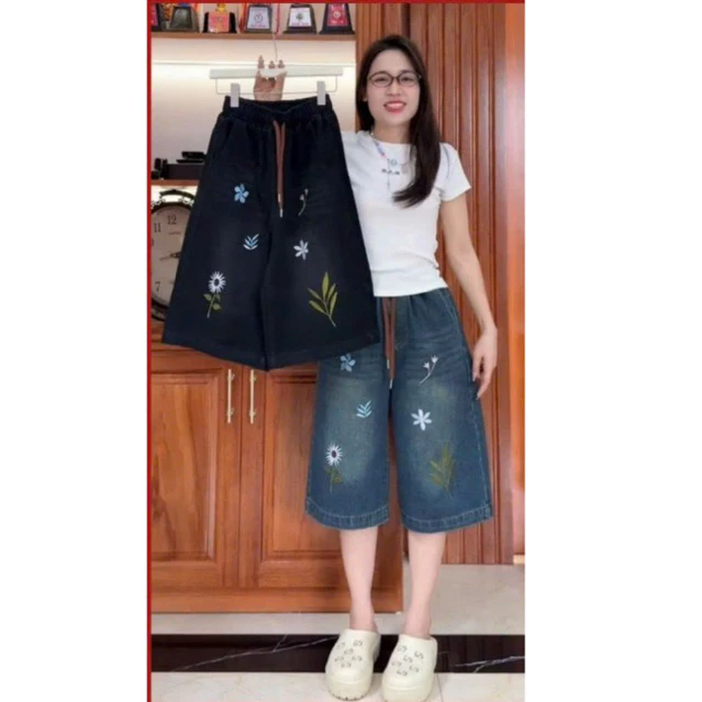 Quần Ống Đứng Suông Jeans Nữ - Trơn / Thêu-  Dài 60cm  Cap Thun Thoải Mái Size:40-80kg