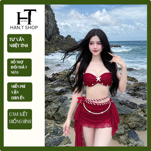 [Sẵn HCM ] HTK Sét Bikini  đi biển set 3 món ÁO ĐÍNH NGỌC ren mềm hàng thủ công cao cấp HAN.T SHOP