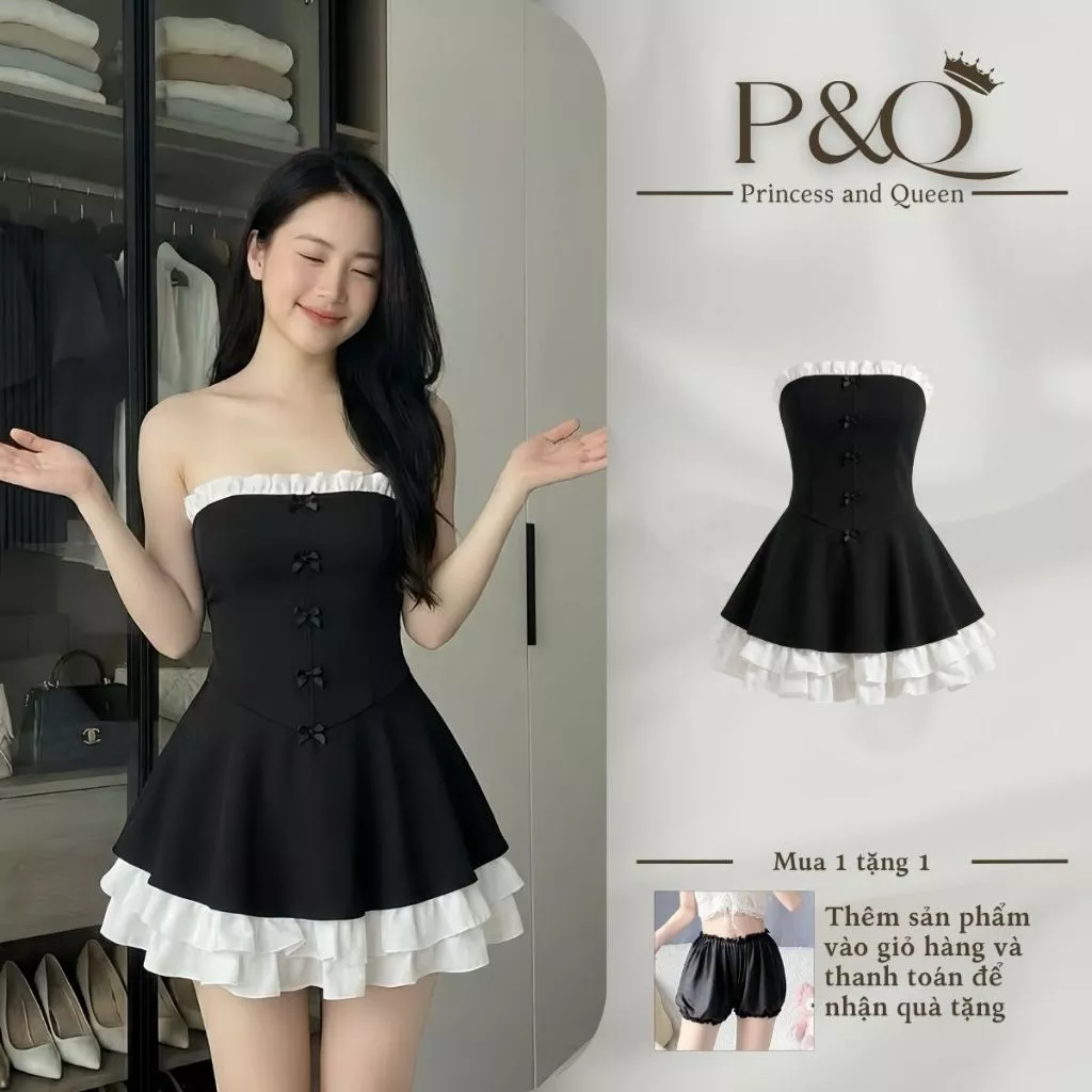 Váy Quây Cúp Ngực P&Q Dáng Xòe Phối Viền Bèo Trắng Đính Nơ Tiểu Thư | vd0118