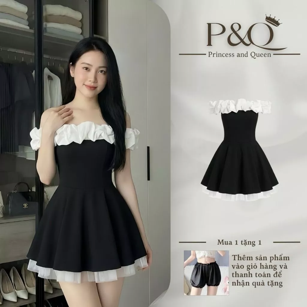 Đầm trễ vai P&Q dáng ngắn phối bèo trắng ôm eo tôn dáng tiểu thư sang trọng | vd0120