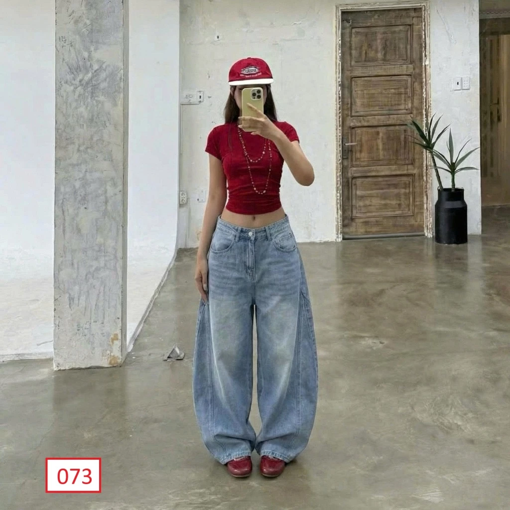 Quần jean Nữ Suông Lưng Cao, Quần Baggy Jean Nữ Ống Cong chất bò mềm thời trang trẻ trung - 073