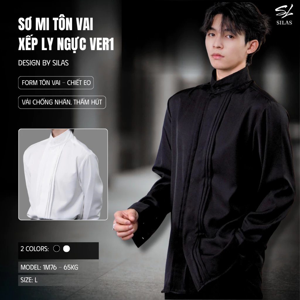 (Form Tôn Vai) Áo Sơ Mi SILAS Tay Dài Trơn Xếp Ly Ngực Ver1 Cotton Form Rộng Menswear Cổ Trụ - ASL31