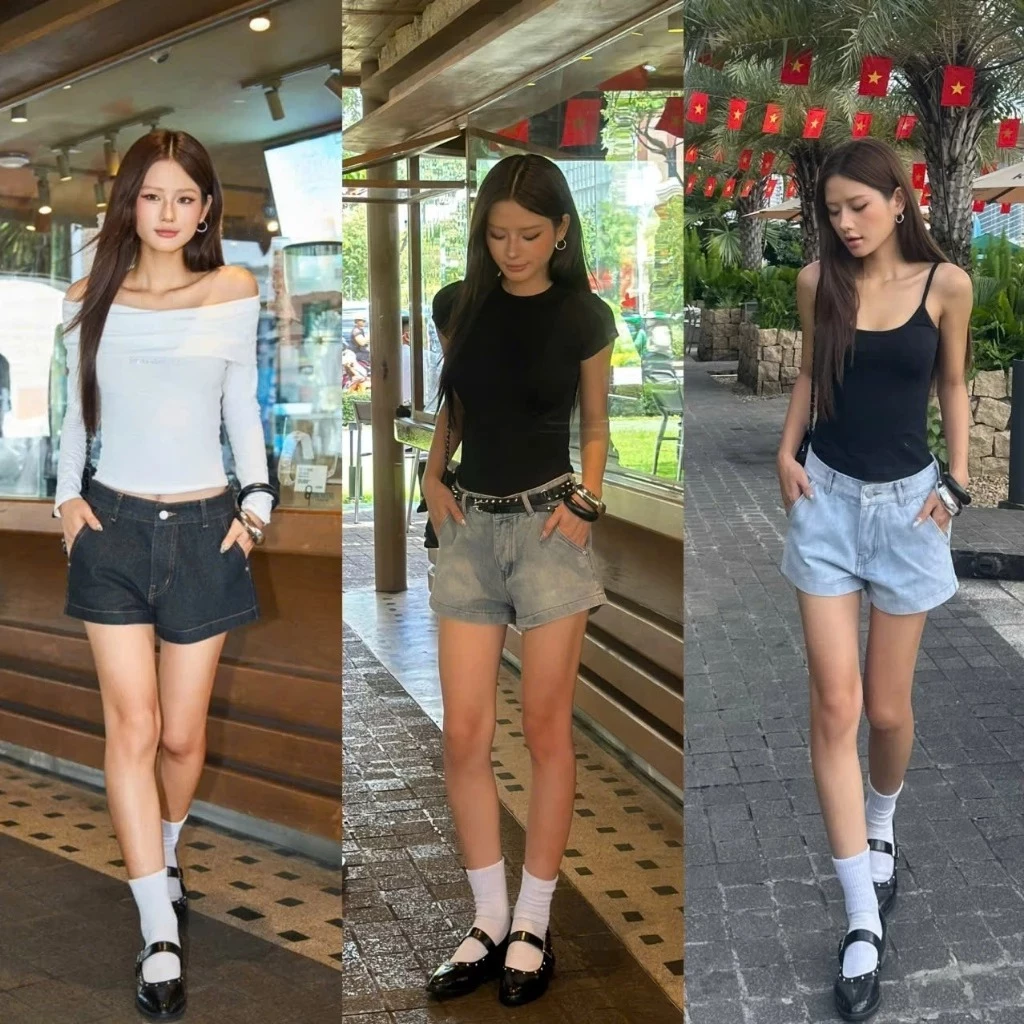 THE QUẠO - Quần Short ngắn nữ chất liệu Jean mềm dáng ngắn trên gối phong cách S2208_705 Quần Short ngắn Skill